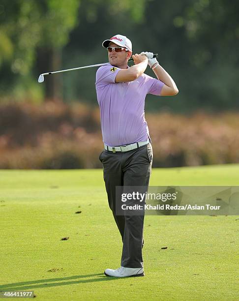 Bernd Wiesberger of Austria in action during round one of the CIMB Niaga Indonesian Masters at Royale Jakarta Golf Club on April 24, 2014 in Jakarta,...