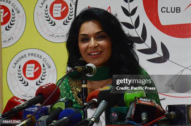 Meera, the famous Pakistani actress talks to the media people during a press conference held in Lahore.