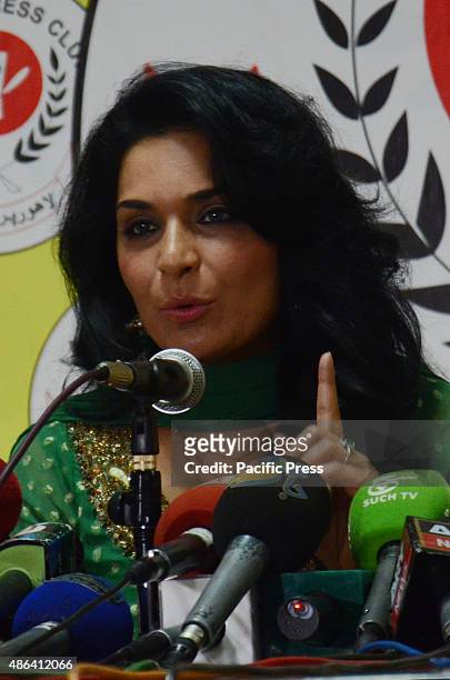 Meera, the famous Pakistani actress talks to the media people during a press conference held in Lahore.
