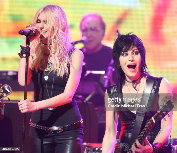 Taylor Momsen of The Pretty Reckless and Joan Jett perform onstage during the 6th Annual Revolver Golden Gods Award Show held at Club Nokia on April...
