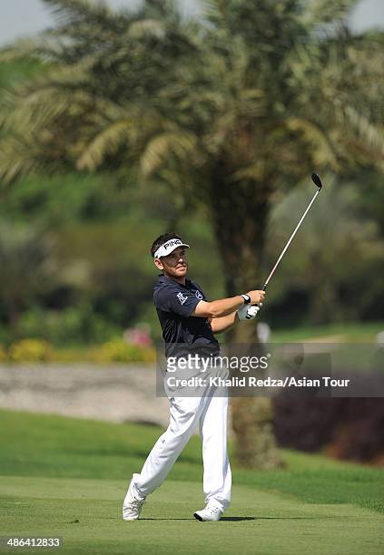 Louis Oosthuizen of South Africa in action during round one of the CIMB Niaga Indonesian Masters at Royale Jakarta Golf Club on April 24, 2014 in...