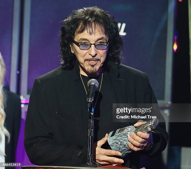 Tony Iommi of Black Sabbath speaks onstage during the 6th Annual Revolver Golden Gods Award Show held at Club Nokia on April 23, 2014 in Los Angeles,...