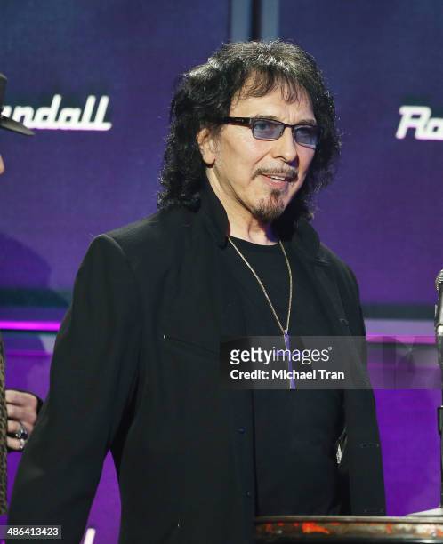 Tony Iommi of Black Sabbath speaks onstage during the 6th Annual Revolver Golden Gods Award Show held at Club Nokia on April 23, 2014 in Los Angeles,...
