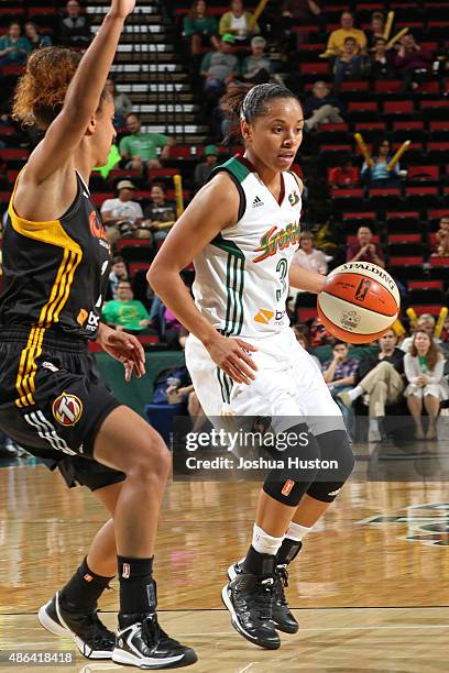 Angel Goodrich of the Seattle Storm dribbles the ball against the Tulsa Shock on September 3, 2015 at Key Arena in Seattle, Washington. NOTE TO USER:...