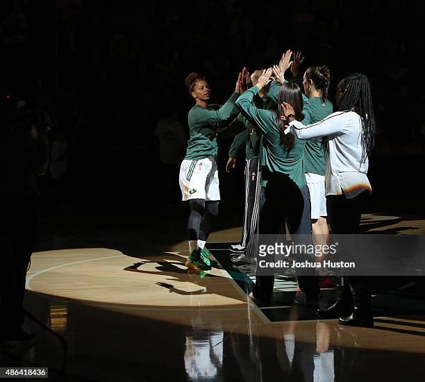Alysha Clark of the Seattle Storm runs out before the game against the Tulsa Shock on September 3, 2015 at Key Arena in Seattle, Washington. NOTE TO...