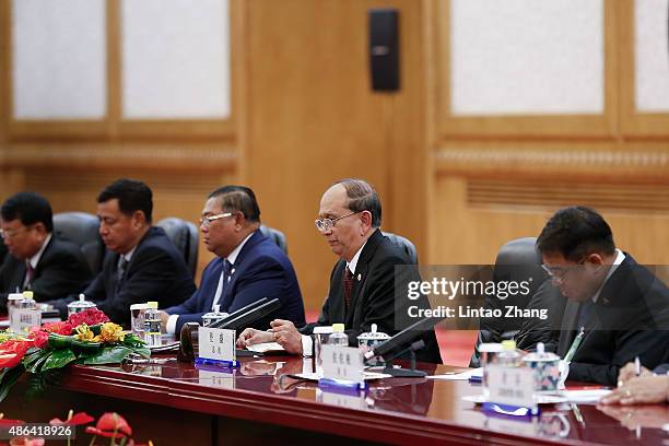 Myanmar's President Thein Sein meets with Chinese President Xi Jinping at The Great Hall Of The People on September 4, 2015 in Beijing, China. Thein...