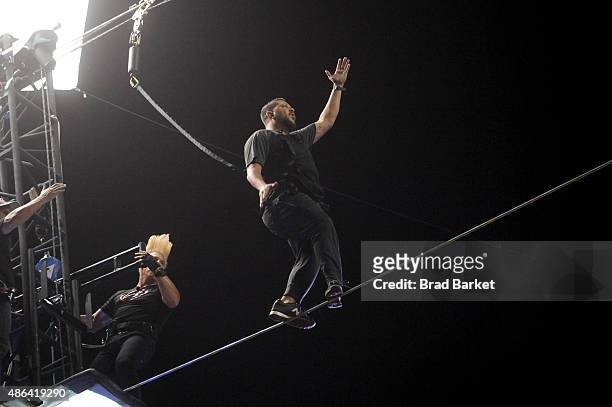 Salvatore "Sal" Vulcano walks the high-wire at the Impractical Jokers 100th Episode Live Punishment Special at the South Street Seaport on September...