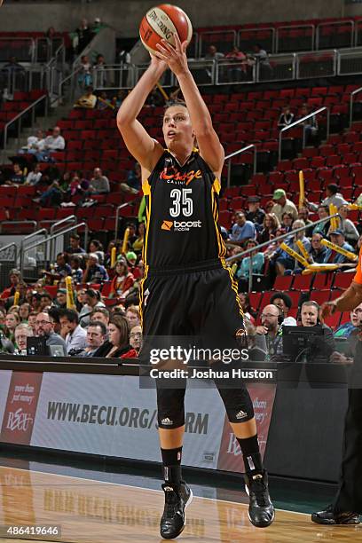 Jordan Hooper of the Tulsa Shock shoots the ball against the Seattle Storm September 3, 2015 at Key Arena in Seattle, Washington. NOTE TO USER: User...