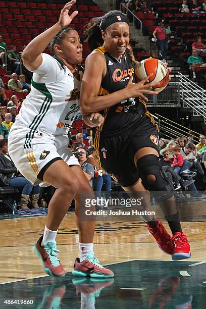 Plenette Pierson of the Tulsa Shock drives to the basket against the Seattle Storm September 3, 2015 at Key Arena in Seattle, Washington. NOTE TO...
