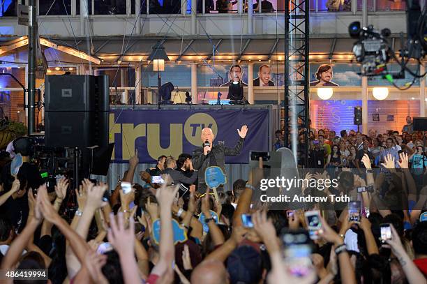 Comedian Howie Mandel speaks on stage during The Impractical Jokers Live Punishment Special hosted by Howie Mandel at 19 Fulton Street on September...