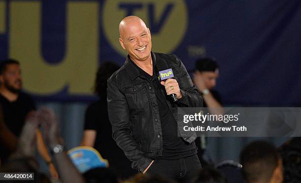 Comedian Howie Mandel speaks on stage during The Impractical Jokers Live Punishment Special hosted by Howie Mandel at 19 Fulton Street on September...