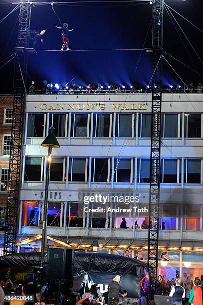 Brian Q Quinn walks the tightrope during The Impractical Jokers Live Punishment Special hosted by Howie Mandel at 19 Fulton Street on September 3,...