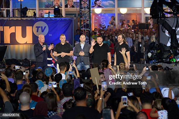 Howie Mandel, Sal Vulcano, Brian Quinn, James Murray, and Joe Gatto speak on stage during The Impractical Jokers Live Punishment Special hosted by...