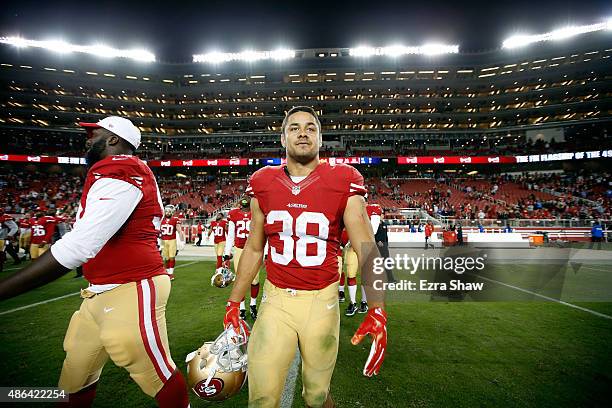 Jarryd Hayne of the San Francisco 49ers walks off the field after their NFL preseason game against the San Diego Chargers at Levi's Stadium on...