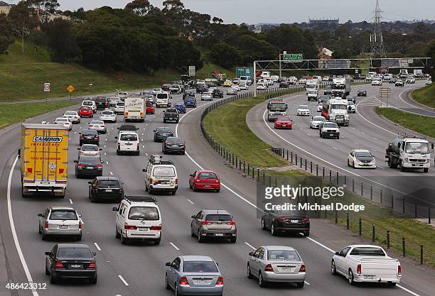 Heavy city traffic leaves on the Monash Freeway in Oakleigh after a strike by Rail, Tram and Bus Union workers on September 4, 2015 in Melbourne,...