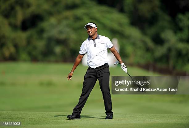 Chowrasia of India plays a shot during round one of the CIMB Niaga Indonesian Masters at Royale Jakarta Golf Club on April 24, 2014 in Jakarta,...