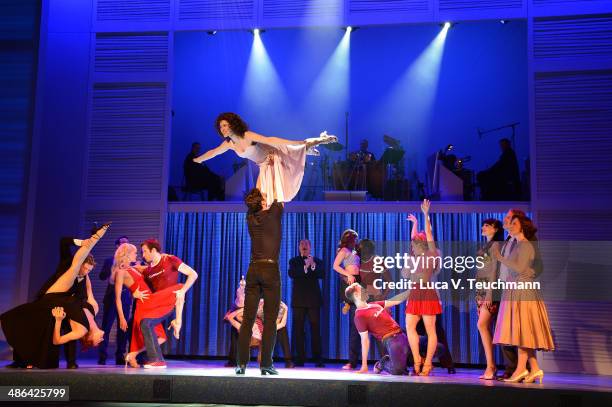 Anna Weihrauch and Mate Gyenei perform 'Dirty Dancing' Musical Photocall at Admiralspalast on April 24, 2014 in Berlin, Germany.