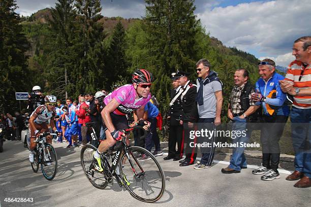 Cadel Evans of Australia and BMC Racing Team approaches the summit and finishing line at Roncone Loc.Pozza to win the stage from Domenico Pozzovivo...