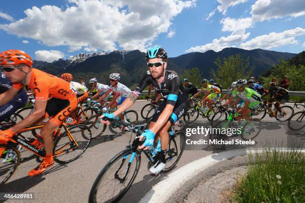 Sir Bradley Wiggins of Great Britain and Team Sky on the second category climb at Daone during stage three of the Giro del Trentino from Mori to...