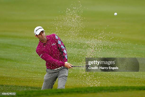 Bradley Dredge of Wales chips out of a bunker on the eighteenth hole on day two of the M2M Russian Open at Skolkovo Golf Club on September 4, 2015 in...