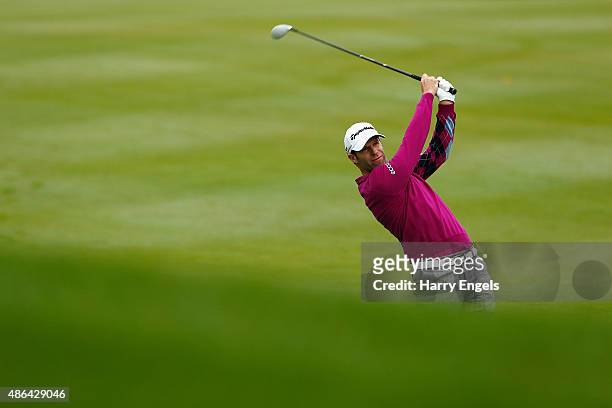 Bradley Dredge of Wales plays his second shot on the eighteenth hole on day two of the M2M Russian Open at Skolkovo Golf Club on September 4, 2015 in...