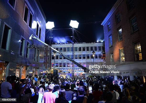 The atmosphere at Impractical Jokers 100th Episode Live Punishment Special at the South Street Seaport at 19 Fulton Street on September 3, 2015 in...