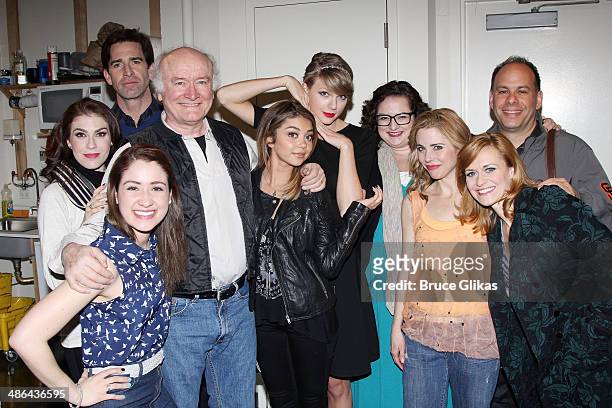 Taylor Swift and Sarah Hyland pose with the cast, including Hyland's father Edward James Hyland , backstage at the new play "Under My Skin" at The...