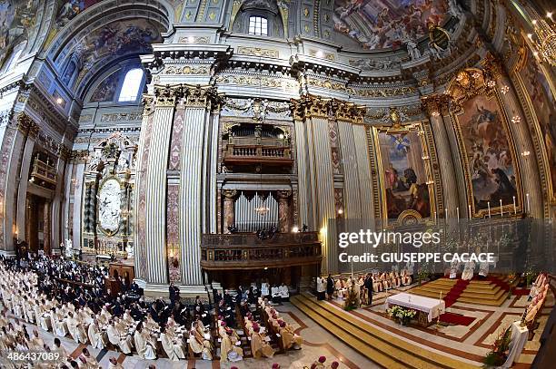 Pope Francis leads a mass at the Sant' Ignazio di Loyola church on April 24, 2014 in Rome. Pope Francis leads today a mass of thanksgiving for the...