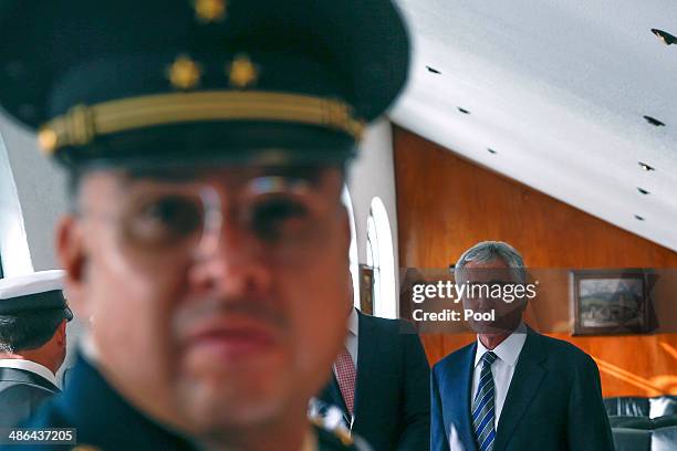 Defense Secretary Chuck Hagel waits for the start of an official reception on April 24, 2014 in Mexico City, Mexico. Hagel is on a three-day trip to...