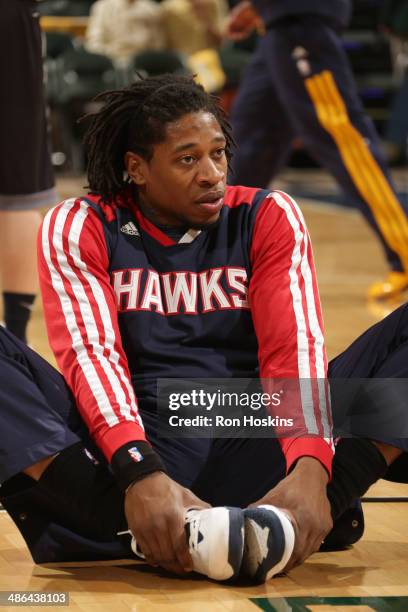 Cartier Martin of the Atlanta Hawks warms up before the game against the Indiana Pacers in Game Two of the East Conference Quarter Finals at Bankers...