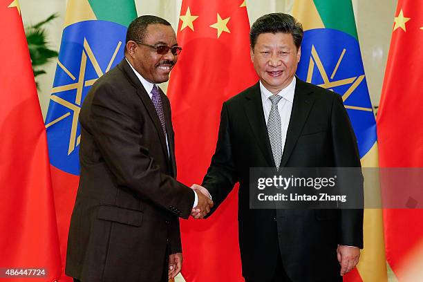 Chinese President Xi Jinping shakes hands with Ethiopia's Prime Minister Hailemariam Desalegn at The Great Hall Of The People on September 4, 2015 in...