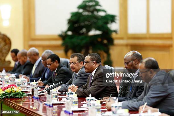 Ethiopia's Prime Minister Hailemariam Desalegn meets with Chinese President Xi Jinping at The Great Hall Of The People on September 4, 2015 in...