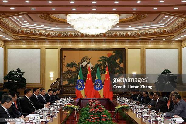 Chinese President Xi Jinping shakes hands with Ethiopia's Prime Minister Hailemariam Desalegn at The Great Hall Of The People on September 4, 2015 in...