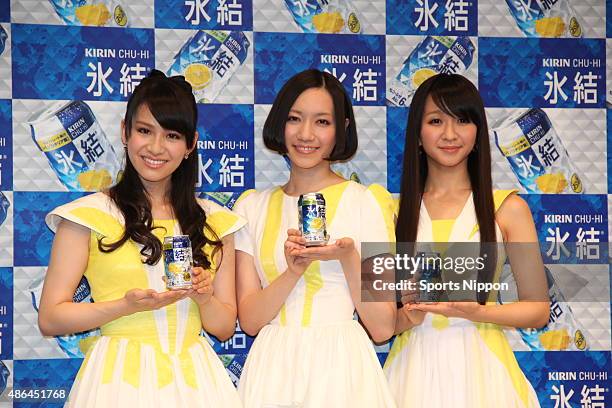 May 18: Ayaka Nishiwaki,Ayano Omoto and Yuka Kashino of pop group Perfume attend the Kirin press conference on May 18,2011 in Tokyo, Japan.