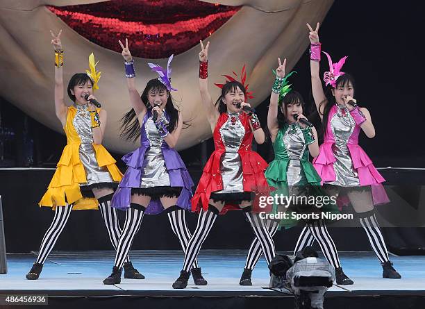 August 4:Japanese pop group Momoiro Clover Z perform during their concert at Nissan Stadium on August 4, 2013 in Yokohama, Japan.