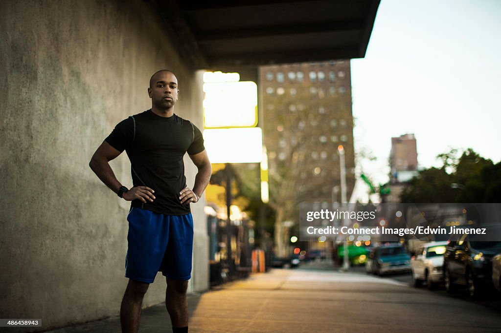 Portrait of young male runner, New York City, USA