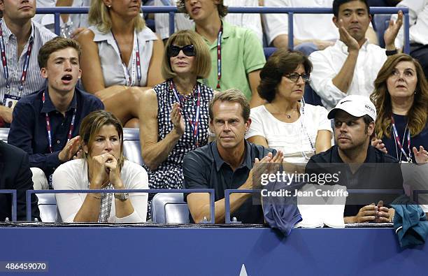 Mirka Federer, Roger Federer's wife, Stefan Edberg, his head coach, Severin Luthi, his coach above them Anna Wintour and Lynette Federer, his mother...