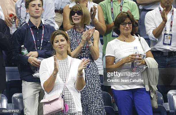 Mirka Federer, Roger Federer's wife, Anna Wintour and Lynette Federer, his mother attend Federer's match during day four of the 2015 US Open at USTA...