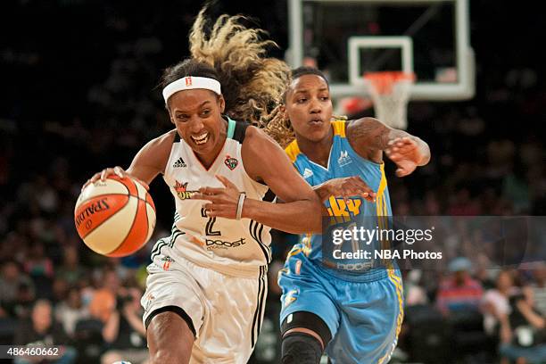 Candice Wiggins of the New York Liberty dribbles the ball up court against the Chicago Sky on September 3, 2015 at Madison Square Garden, New York...