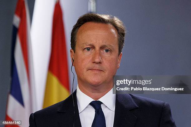 British Prime Minister David Cameron looks on during a press conference at Moncloa Palace on September 4, 2015 in Madrid, Spain. David Cameron is...