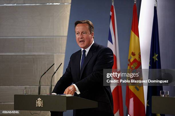 British Prime Minister David Cameron speaks during a press conference at Moncloa Palace on September 4, 2015 in Madrid, Spain. David Cameron is...