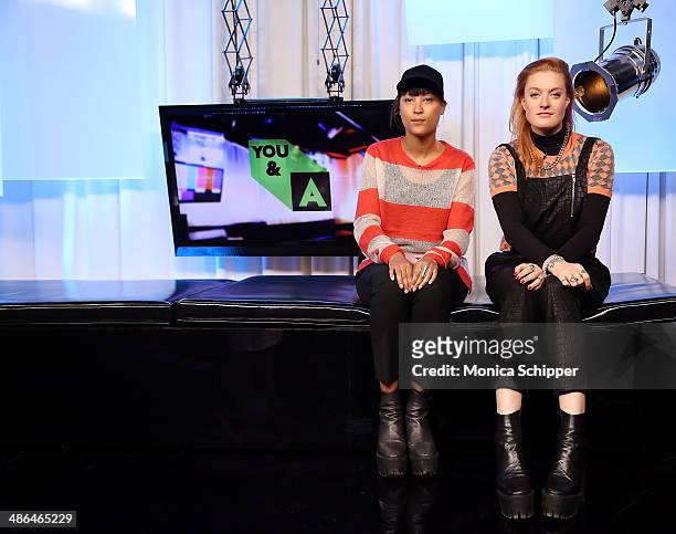 Aino Jawo and Caroline Hjelt of Icona Pop Celebrate Bring Your Kid To Work Day at Music Choice on April 24, 2014 in New York City.