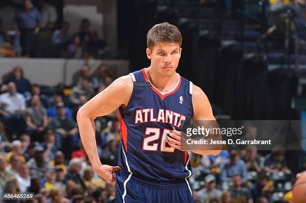Kyle Korver of the Atlanta Hawks runs up court during Game Two of the Eastern Conference Quarterfinals against the Indiana Pacers during the 2014 NBA...