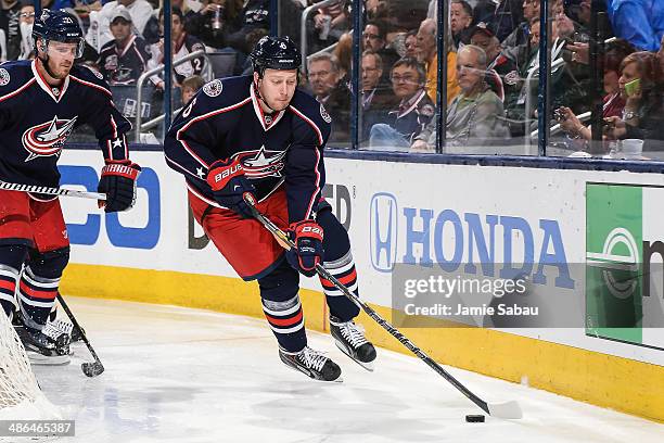 Nikita Nikitin of the Columbus Blue Jackets skates with the puck against the Pittsburgh Penguins in Game Four of the First Round of the 2014 Stanley...