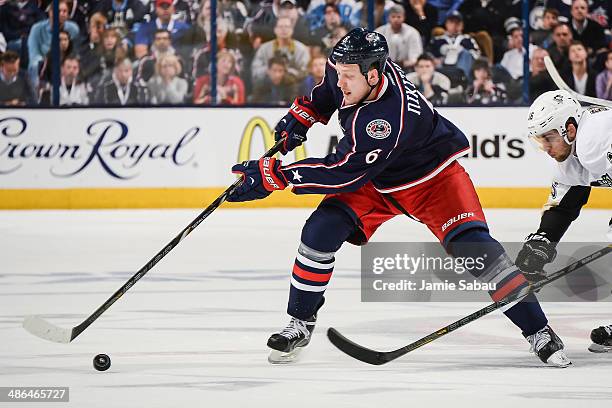 Nikita Nikitin of the Columbus Blue Jackets skates with the puck against the Pittsburgh Penguins in Game Four of the First Round of the 2014 Stanley...