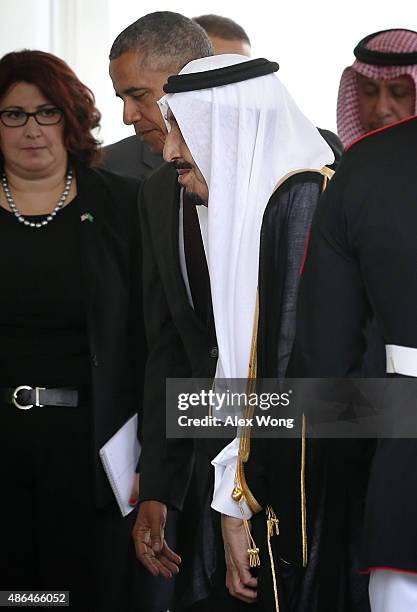 President Barack Obama welcomes King Salman bin Abd al Aziz of Saudi Arabia outside the West Wing of the White House as the King arrives for a...