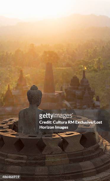 buddha and morning mist, the buddhist temple of borobudur, java, indonesia - glow rm fotografías e imágenes de stock