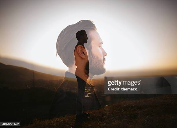portrait of a hipster with double exposure technique - multiple exposure stock pictures, royalty-free photos & images