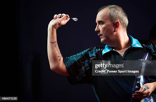 Phil Taylor of England in action during the Hong Kong Darts 2015 on September 4, 2015 in Hong Kong, Hong Kong.