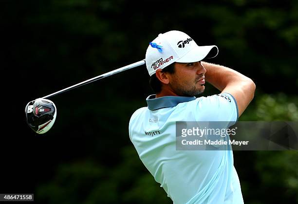 Jason Day of Australia watches his tee shot on to the fourteenth tee during round one of the Deutsche Bank Championship at TPC Boston on September 4,...
